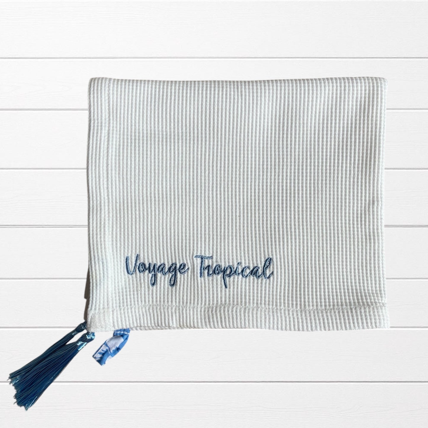 Torchon de Cuisine Nid d’Abeilles – Broderie « Voyage Tropical »