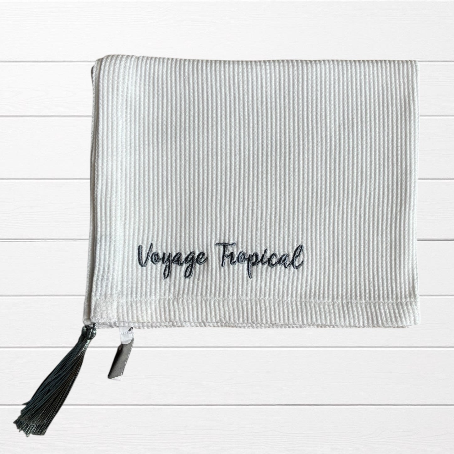 Torchon de Cuisine Nid d’Abeilles – Broderie « Voyage Tropical »
