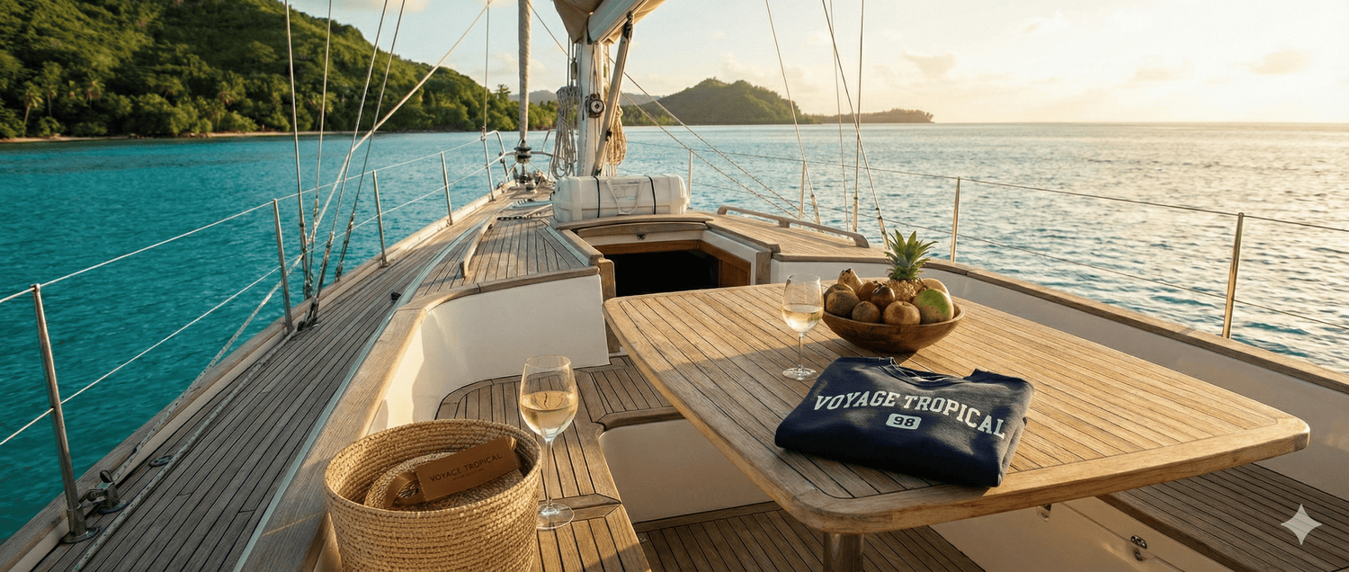 Un sweat bleu marine imprimé Voyage Tropical posé sur la table en teck d'un voilier au coucher du soleil, accompagné de fruits exotiques.