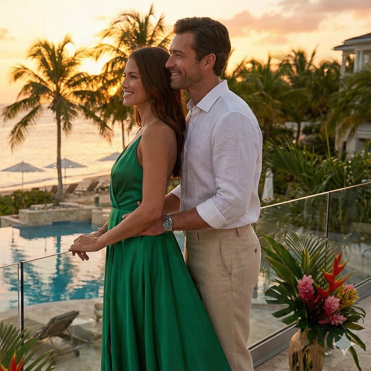 Un couple souriant en tenue de soirée élégante, elle en robe verte et lui en lin, admire le coucher de soleil depuis une terrasse tropicale.