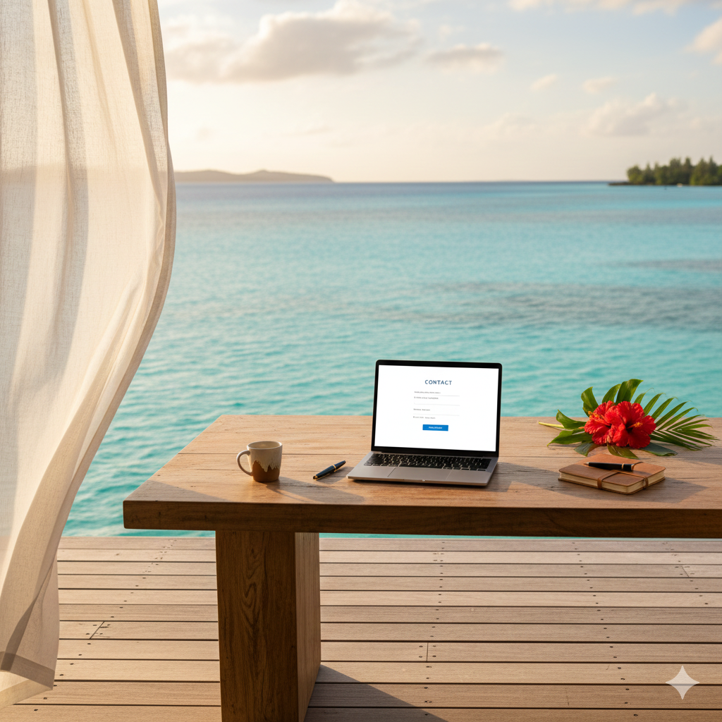 Un ordinateur portable ouvert sur la page "Contact" est posé sur une table en bois face à un lagon turquoise et une fleur d'hibiscus.