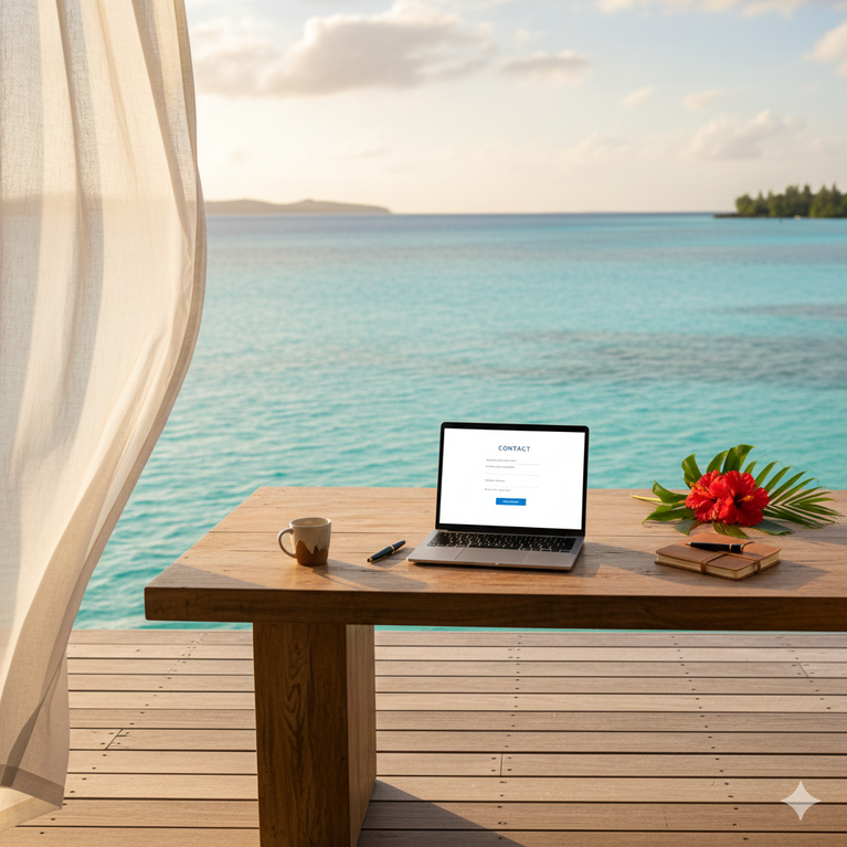 Un ordinateur portable ouvert sur la page "Contact" est posé sur une table en bois face à un lagon turquoise et une fleur d'hibiscus.