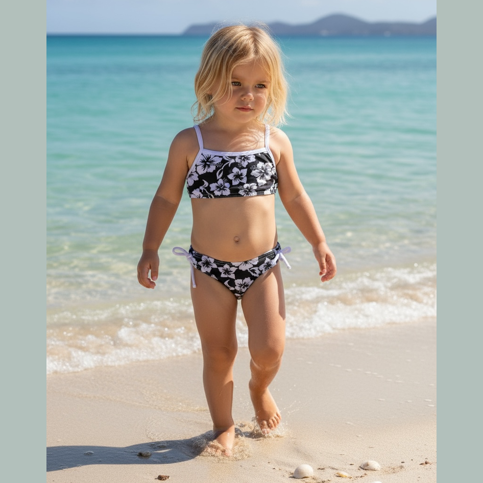 Maillot de bain fille deux pièces  tissu imprimé hibiscus