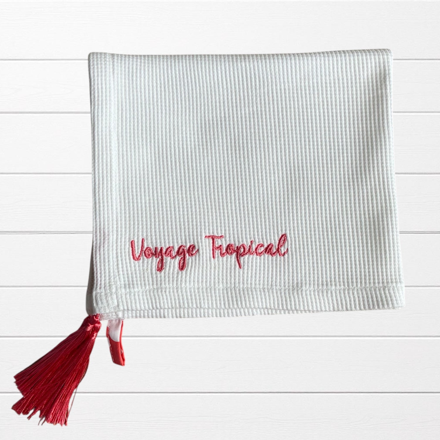 Torchon de cuisine nid d’abeilles brodé voyage tropical