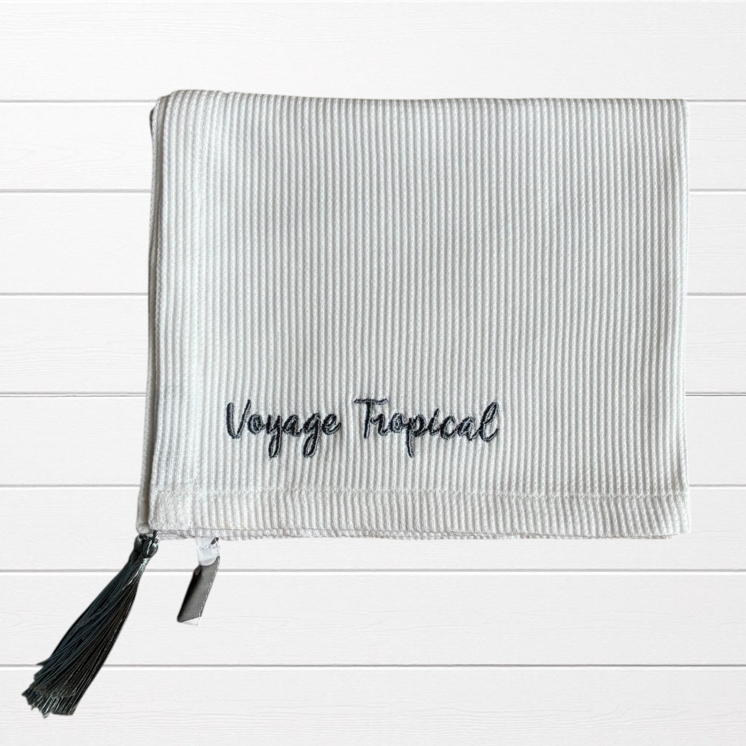 Torchon de cuisine nid d’abeilles brodé voyage tropical