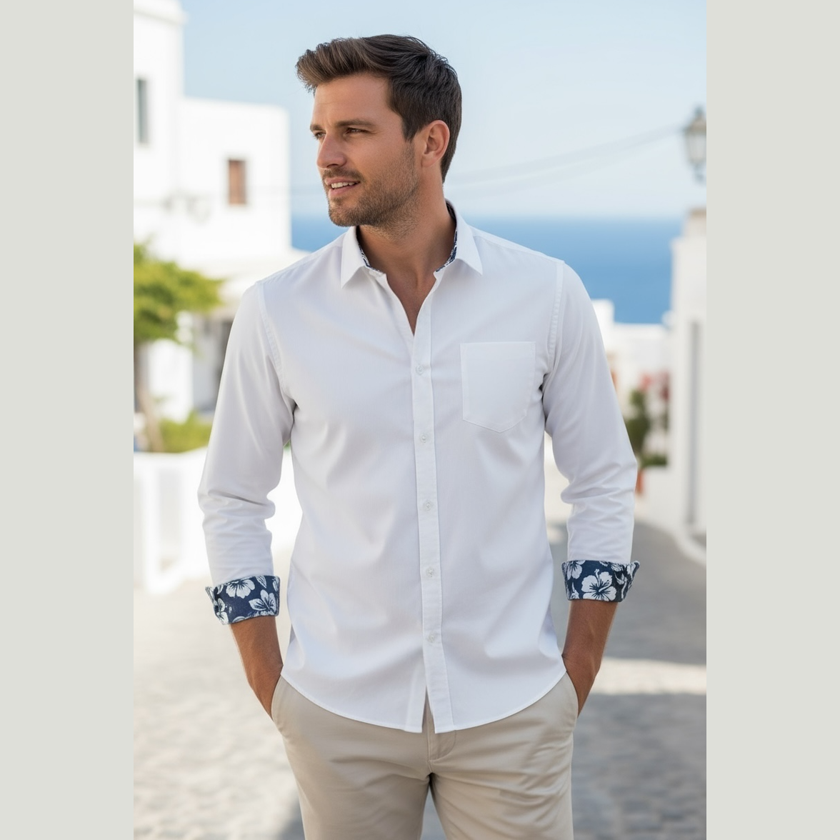 Chemise  homme manches longues avec poche et col  et revers des manches tissu imprimé hibiscus