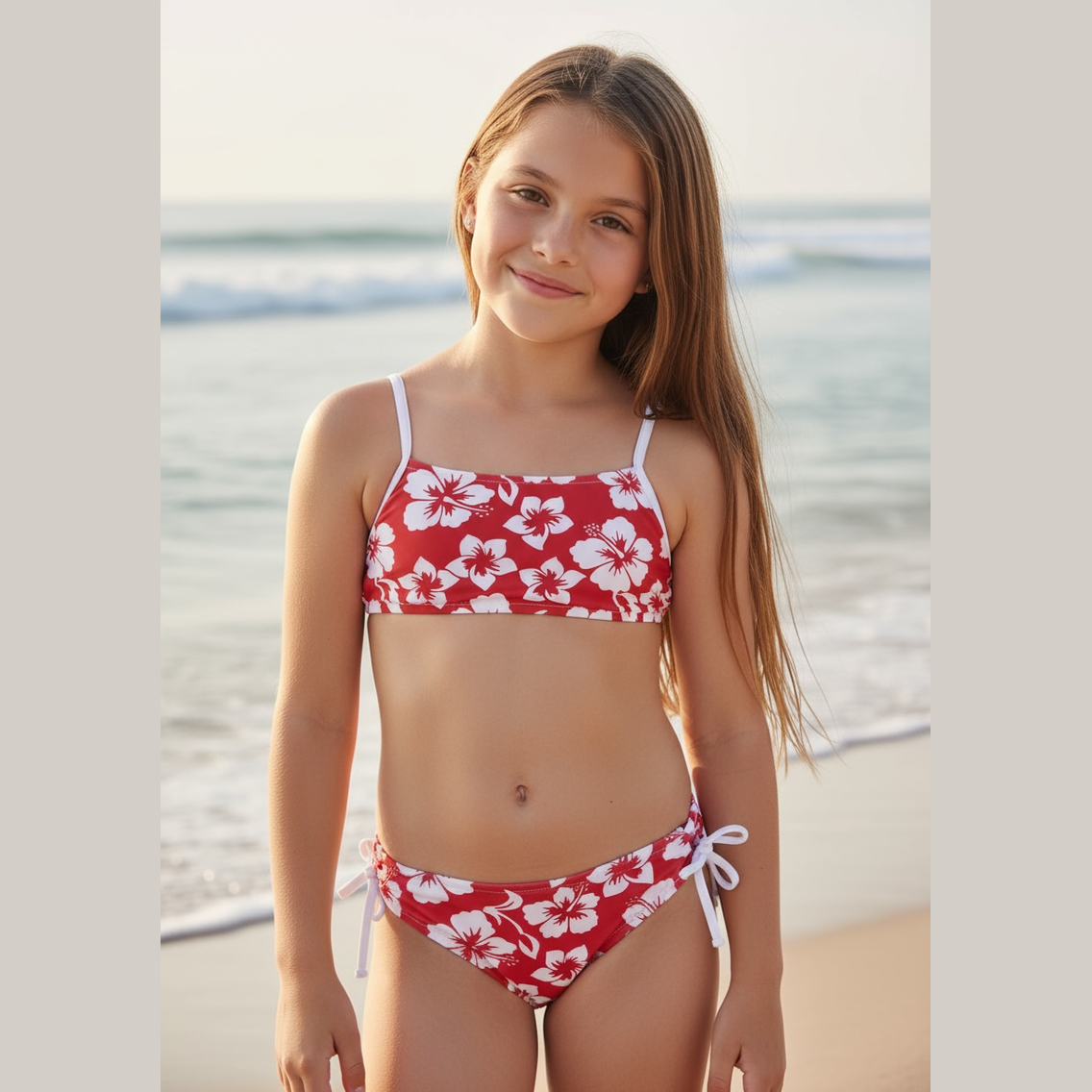 Maillot de bain fille deux pièces  tissu imprimé hibiscus
