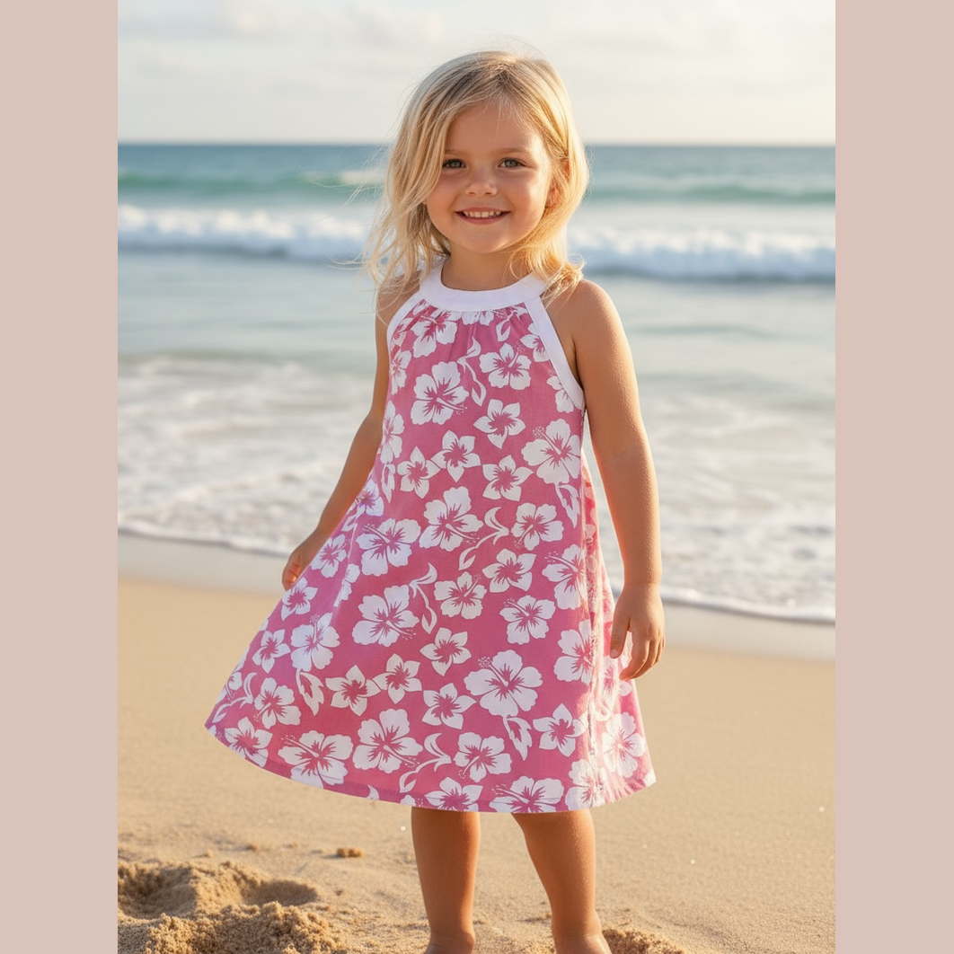 Robe tissu imprimé hibiscus dos nu fille