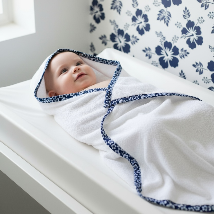 Sortie de bain éponge bébé biais imprimé hibiscus