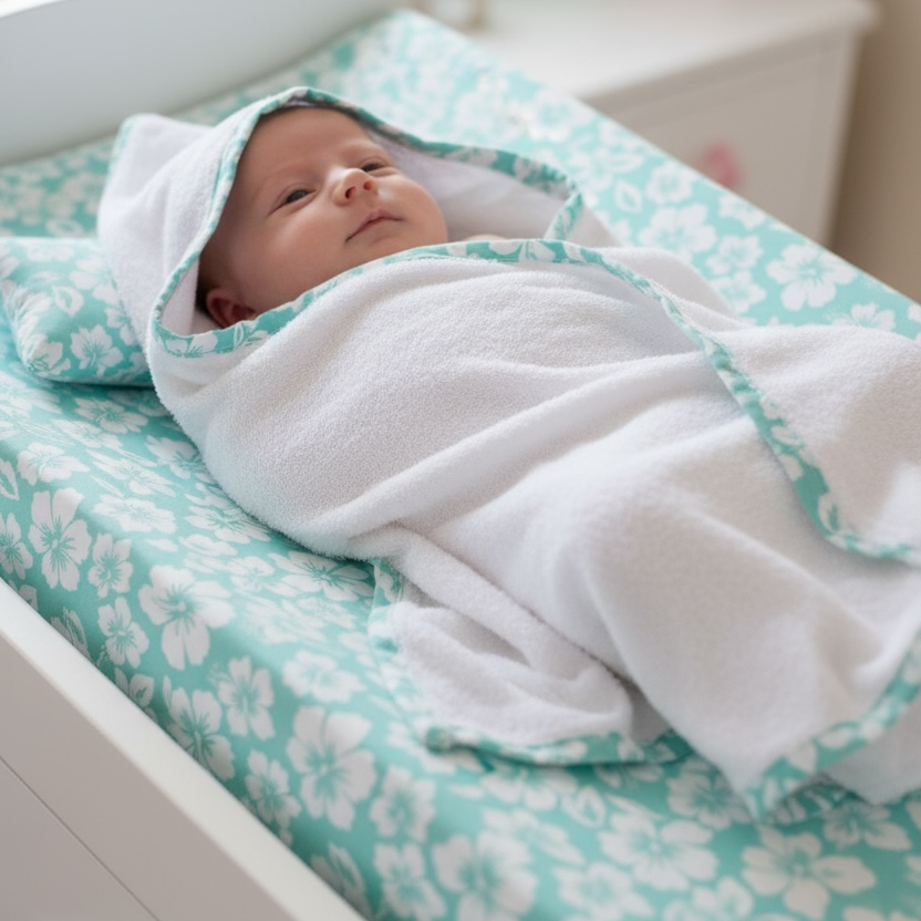 Sortie de bain éponge bébé biais imprimé hibiscus