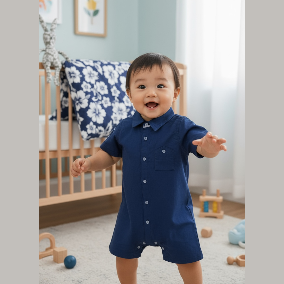 Combinaison bébé col chemise tissu imprimé hibiscus