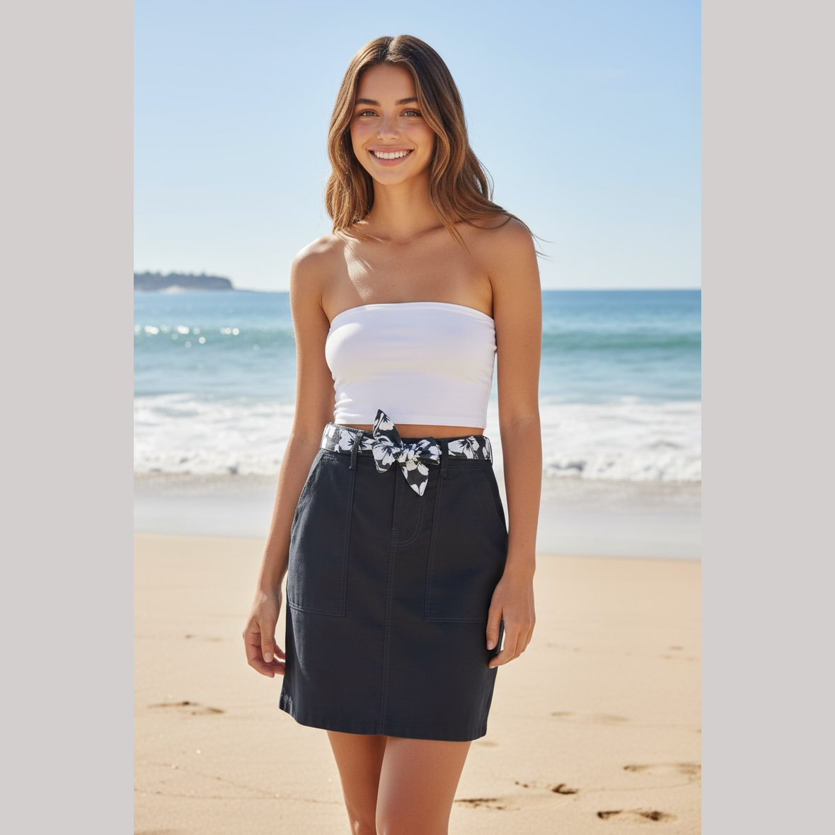 Jupe droite femme ceinture tissu imprimé hibiscus