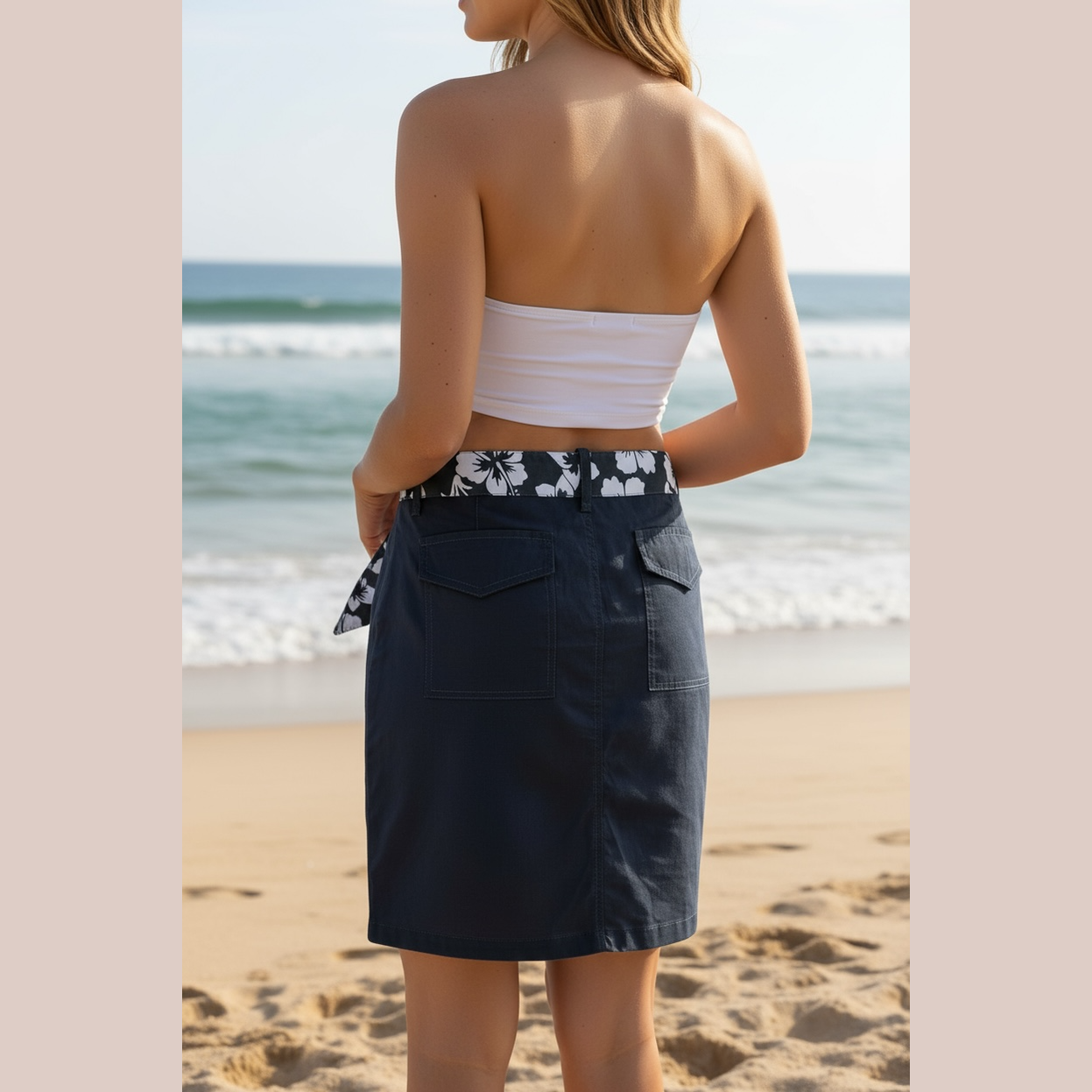 Jupe droite femme ceinture tissu imprimé hibiscus