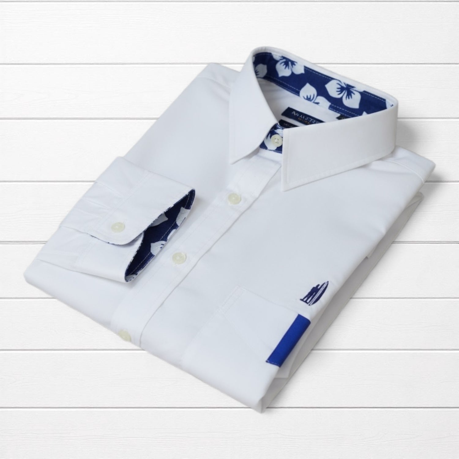 Chemise blanche à manches longues, imprimé hibiscus marine avec coudières