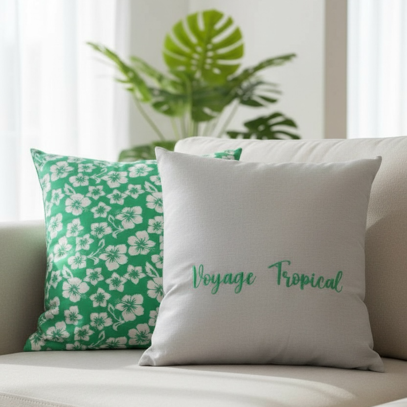 Taie 60X60 brodée Voyage Tropical et tissu imprimé hibiscus