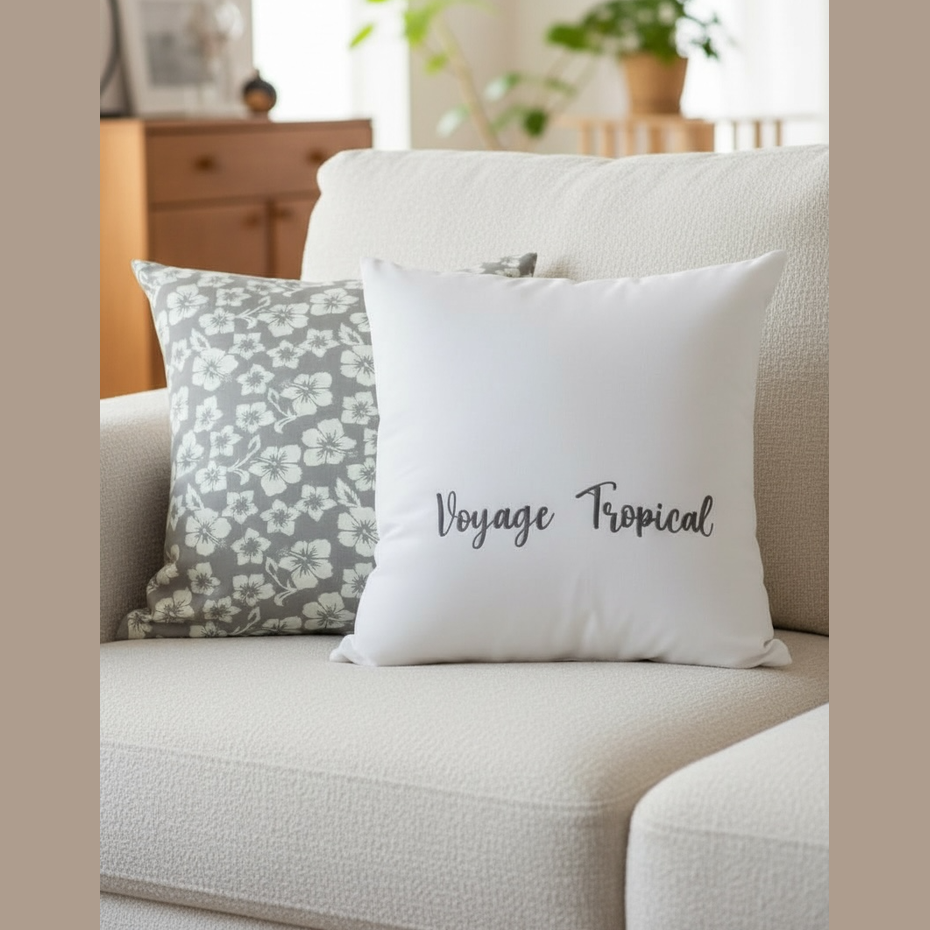 Taie 60X60 brodée Voyage Tropical et tissu imprimé hibiscus