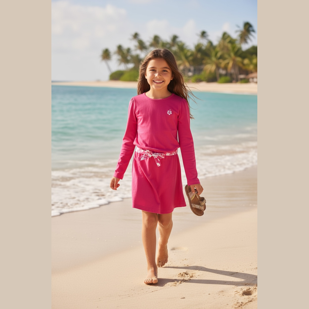 Robe à manches longues ceinture tissu imprimé hibiscus