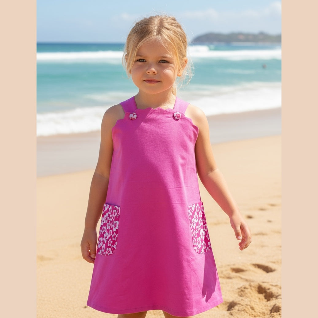 Photo du produit : Robe fille encolure vague avec poches hibiscus