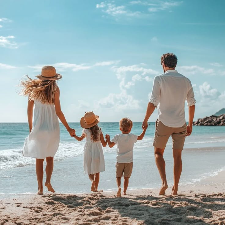 Une famille vêtue de tenues blanches et de chapeaux de paille marche main dans la main sur une plage de sable fin face à l'océan turquoise.