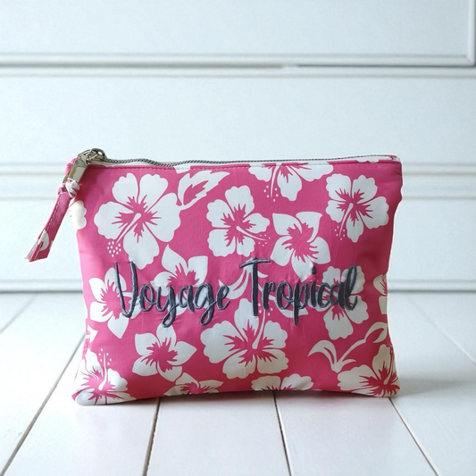 🌺 Petite Trousse Brodée et Imprimée Hibiscus – 100% Coton