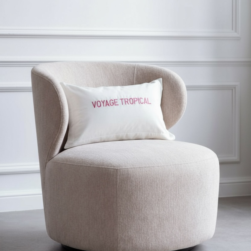 Housse de coussin rectangulaire blanche brodée Voyage Tropical