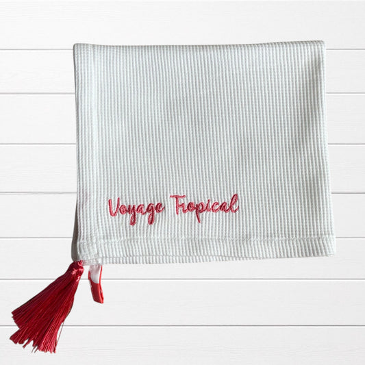 Torchon de Cuisine Nid d’Abeilles – Broderie « Voyage Tropical »