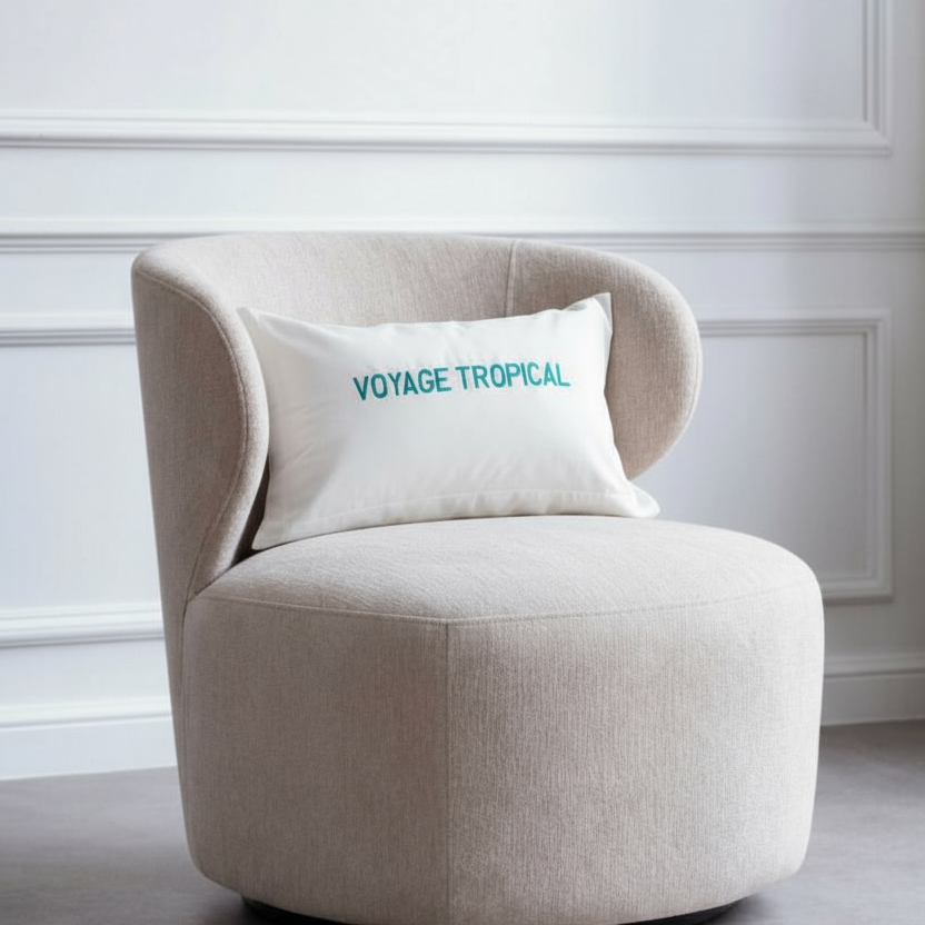 Housse de coussin rectangulaire blanche brodée Voyage Tropical